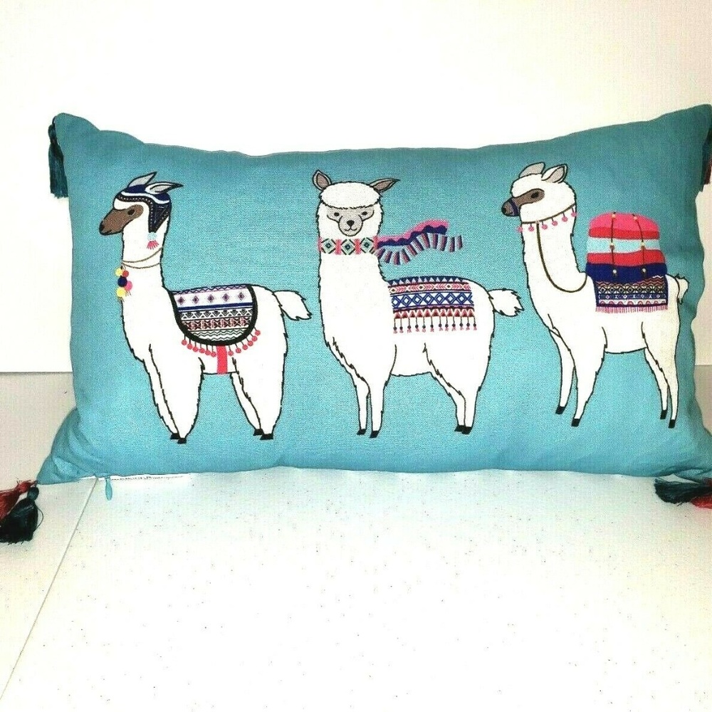 LLama Pillow 19×11 Teal White Pink Mul…